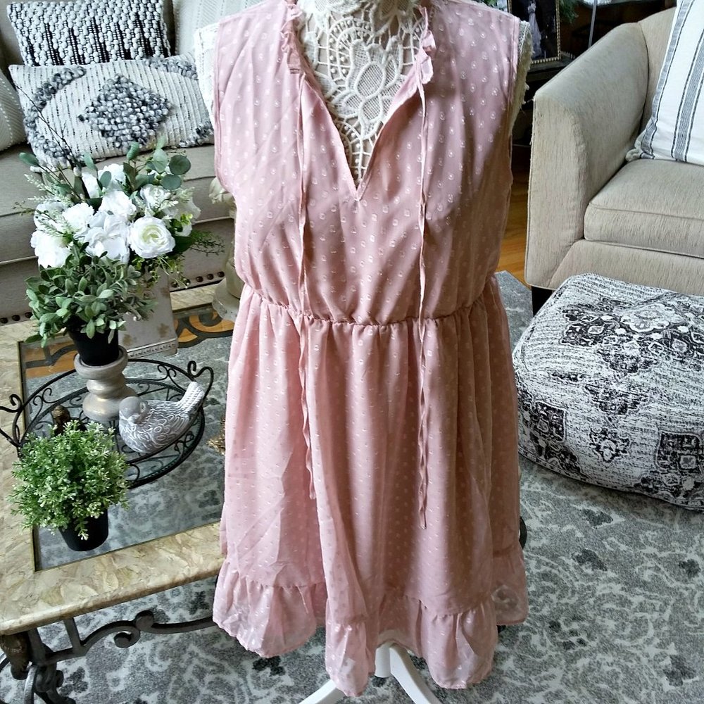 BOHO Romance Dotted Dusty ROSE DRESS  SZ L